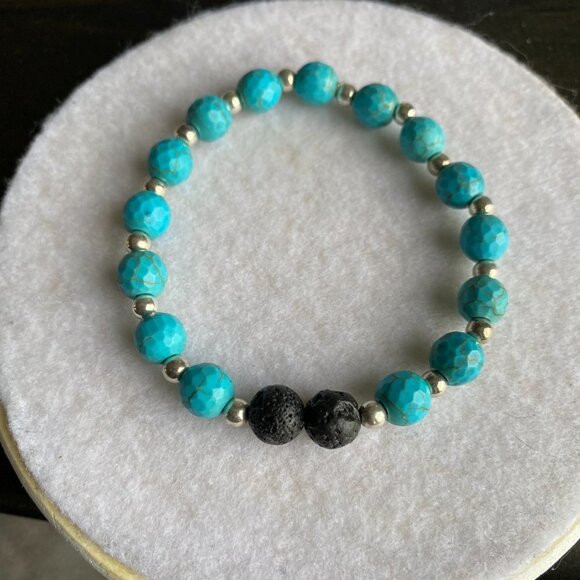 Fun handmade stretch turquoise beaded bracelet silver separaters lava beads - Picture 3 of 4